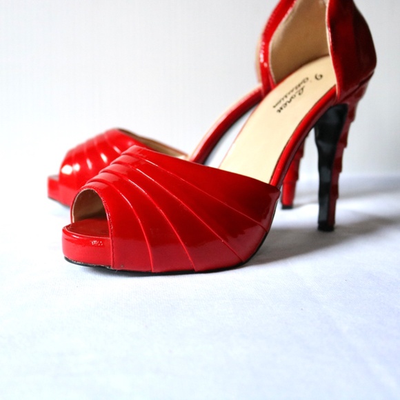 J. Loren Collection Red Patent Leather Peep Toe 4" Heels Women's 8 Retro Unique - Picture 3 of 14